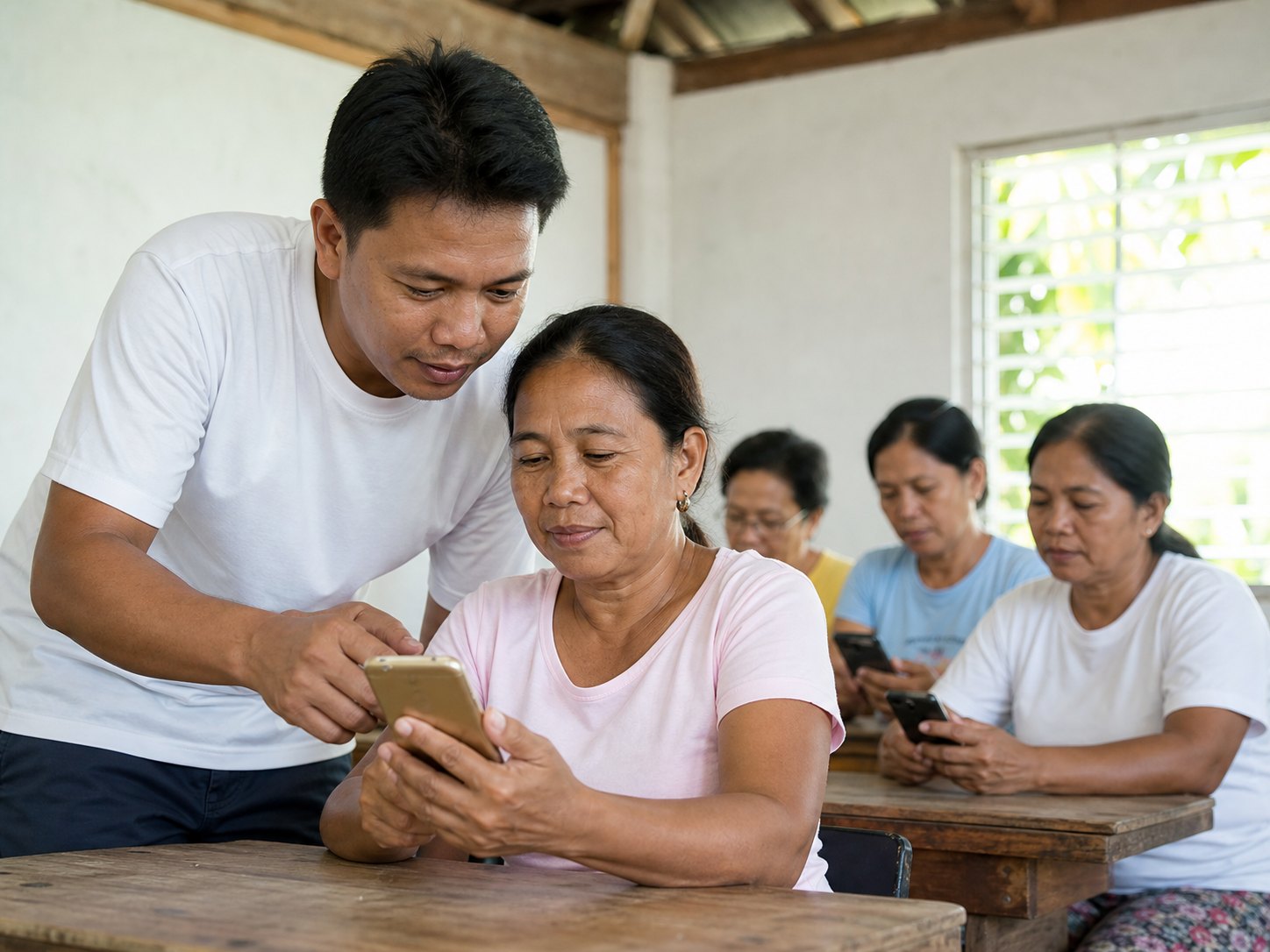 An instructor helps an adult learner navigate a health lesson on a mobile device.