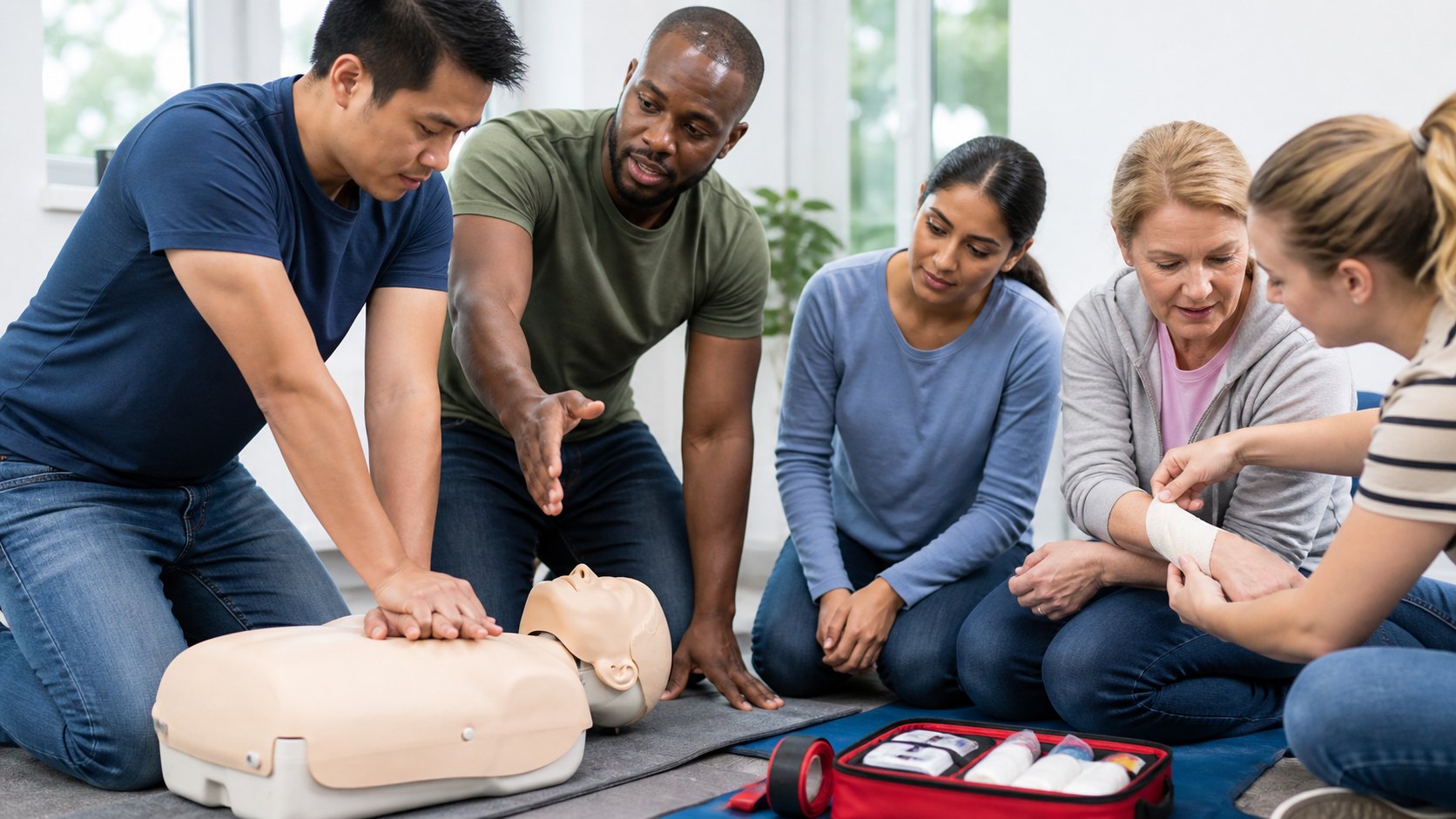 Adult learners take part in a practical first-aid workshop.