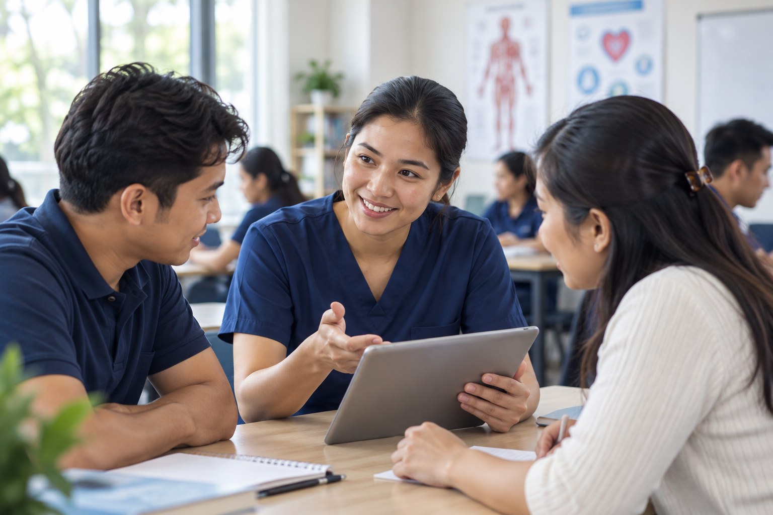 A health educator guides adult learners through a lesson using a tablet.