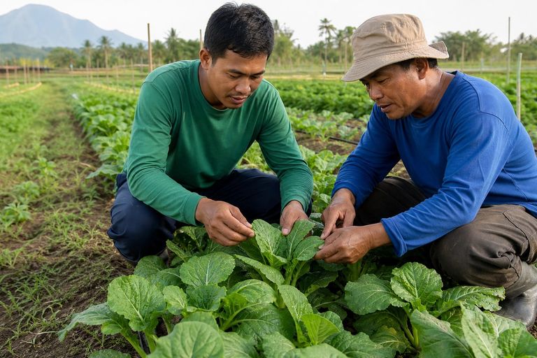 Two farmers inspect leafy crops in a field.