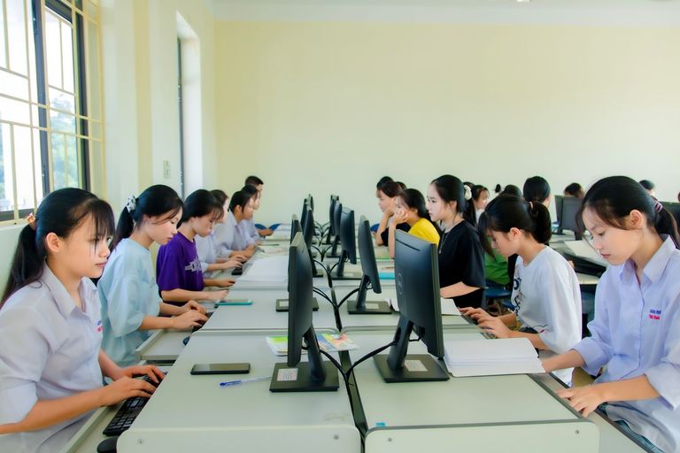 Students work at computers in a bright training lab.