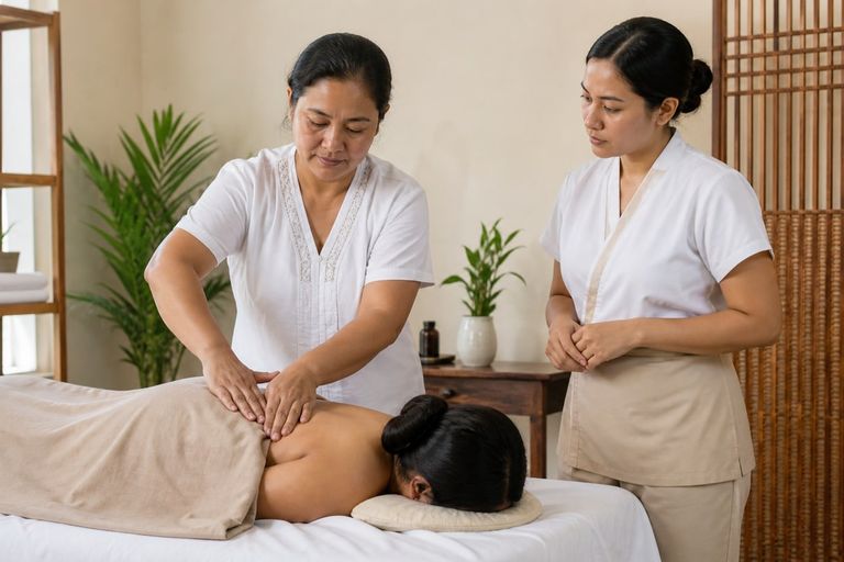 A therapist practises a traditional wellness massage technique.